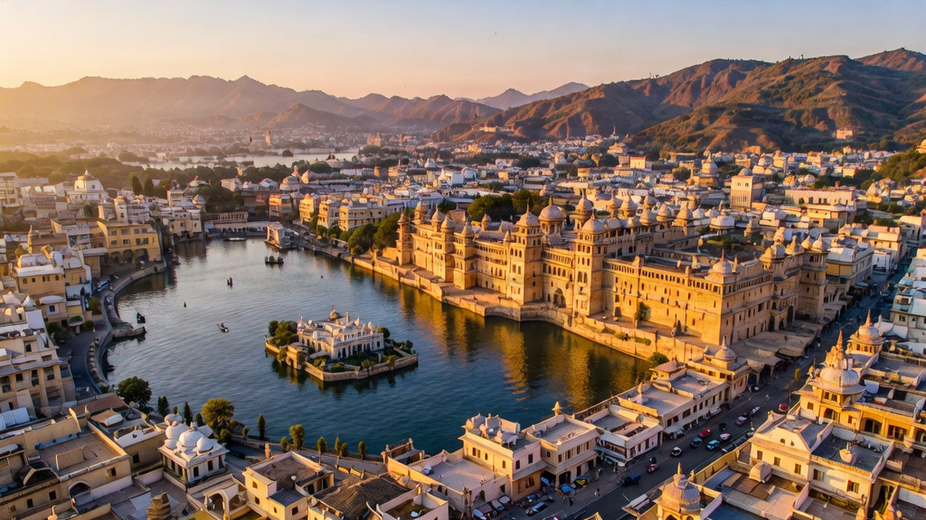 Aerial view of Udaipur city showcasing its lakes and heritage structures